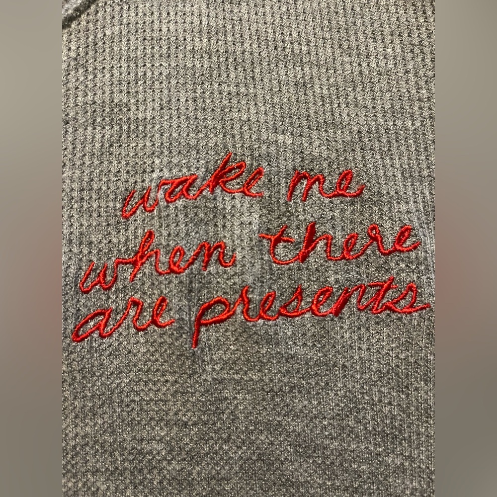 Aerie Gray Pajama Romper with “Wake Me Up When There Are Presents” Embroidery - Picture 3 of 10